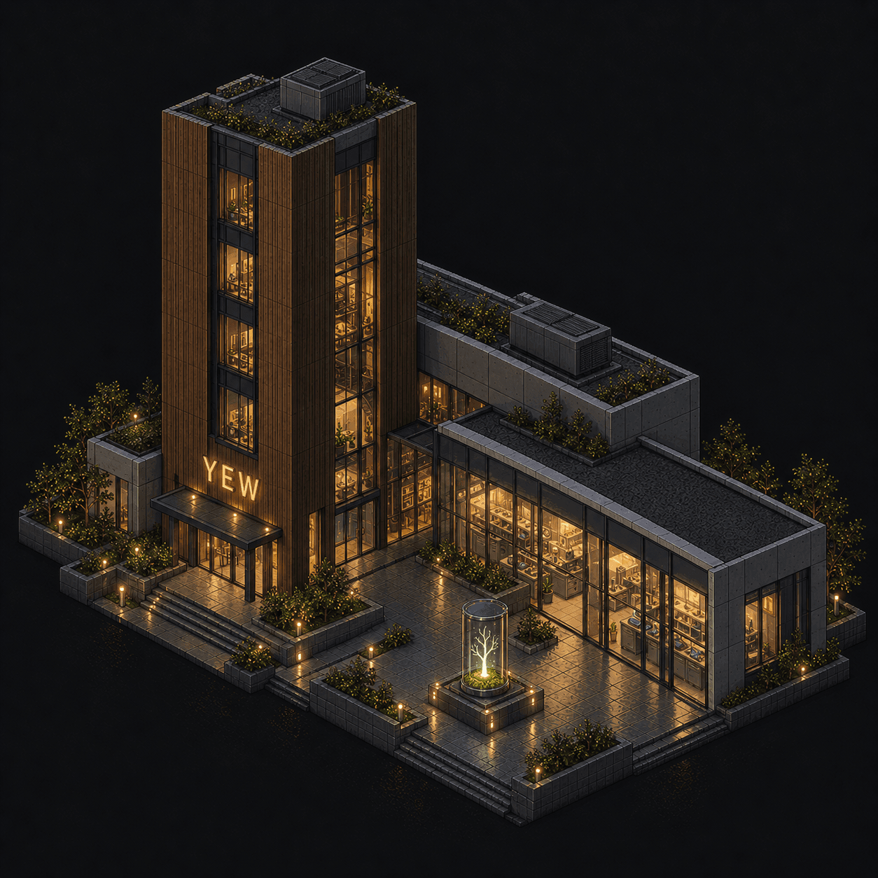 Isometric pixel-art headquarters of Yew