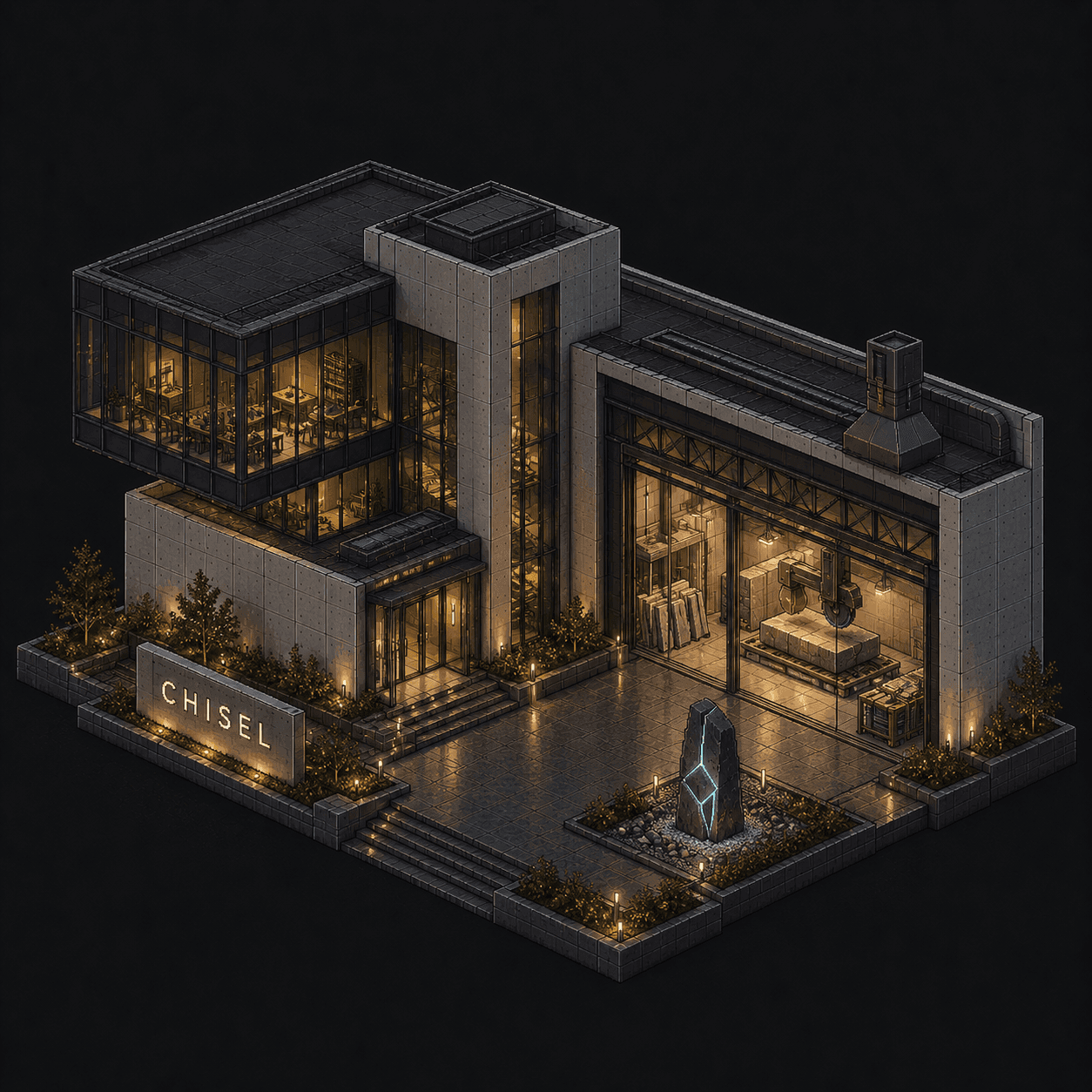 Isometric pixel-art headquarters of Chisel