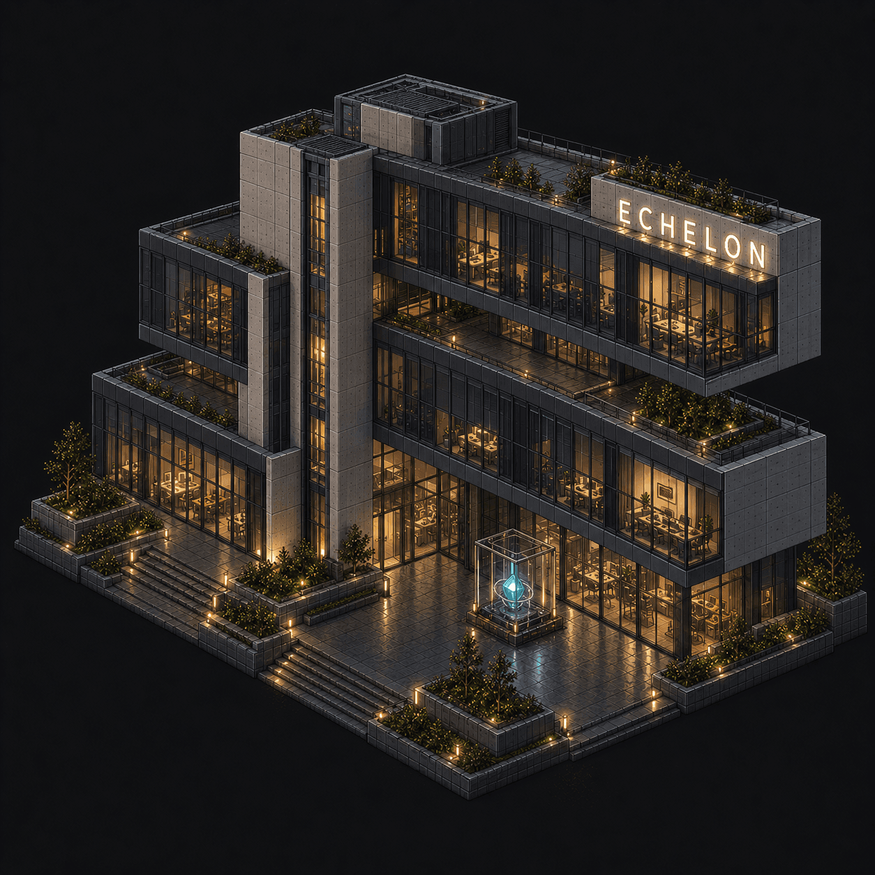 Isometric pixel-art headquarters of Echelon
