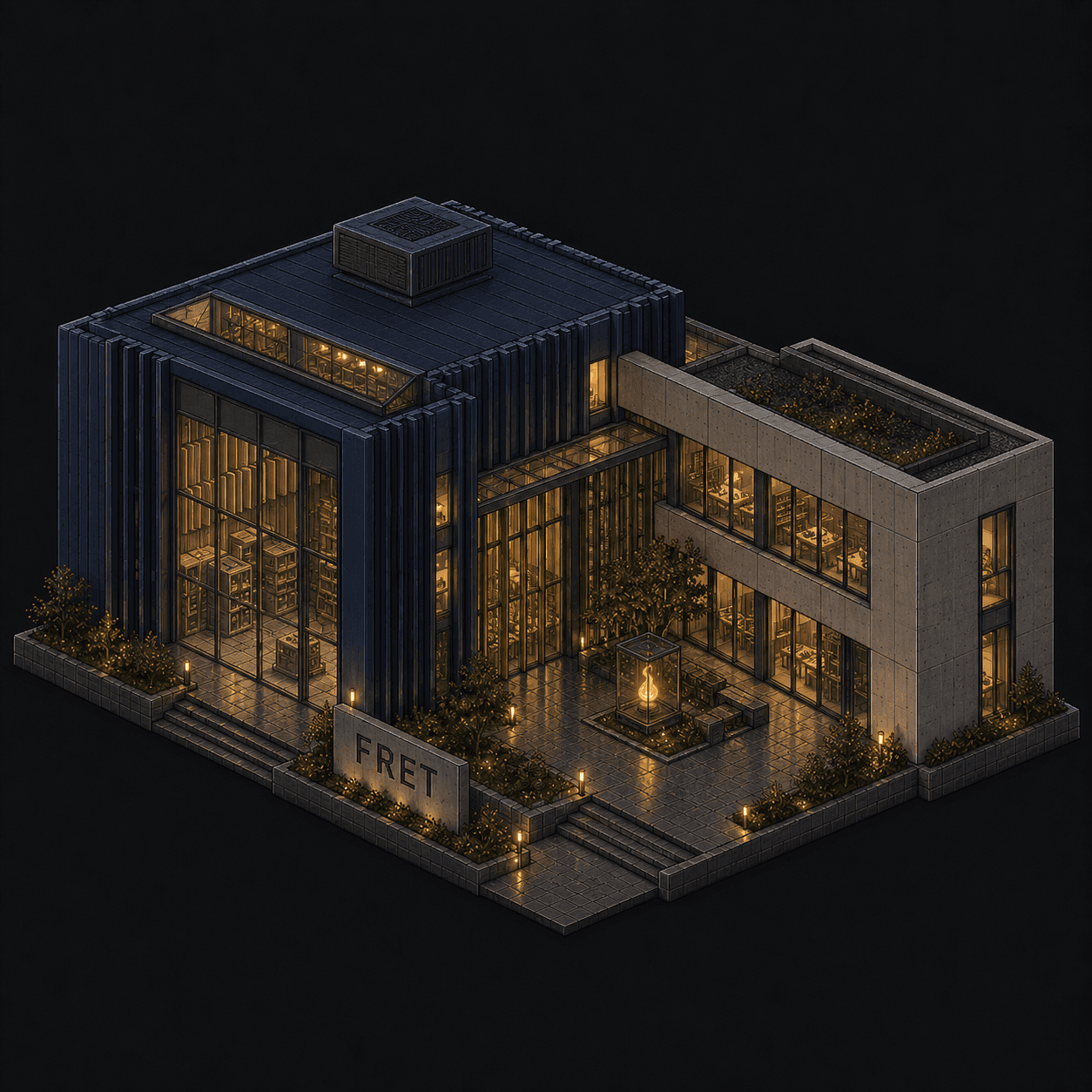 Isometric pixel-art headquarters of Fret