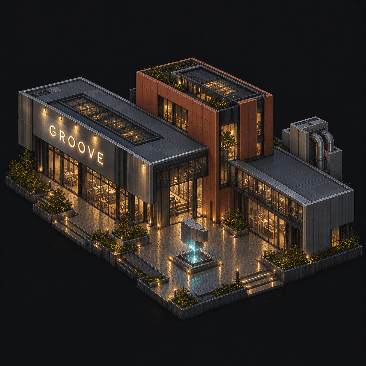 Isometric pixel-art headquarters of Groove