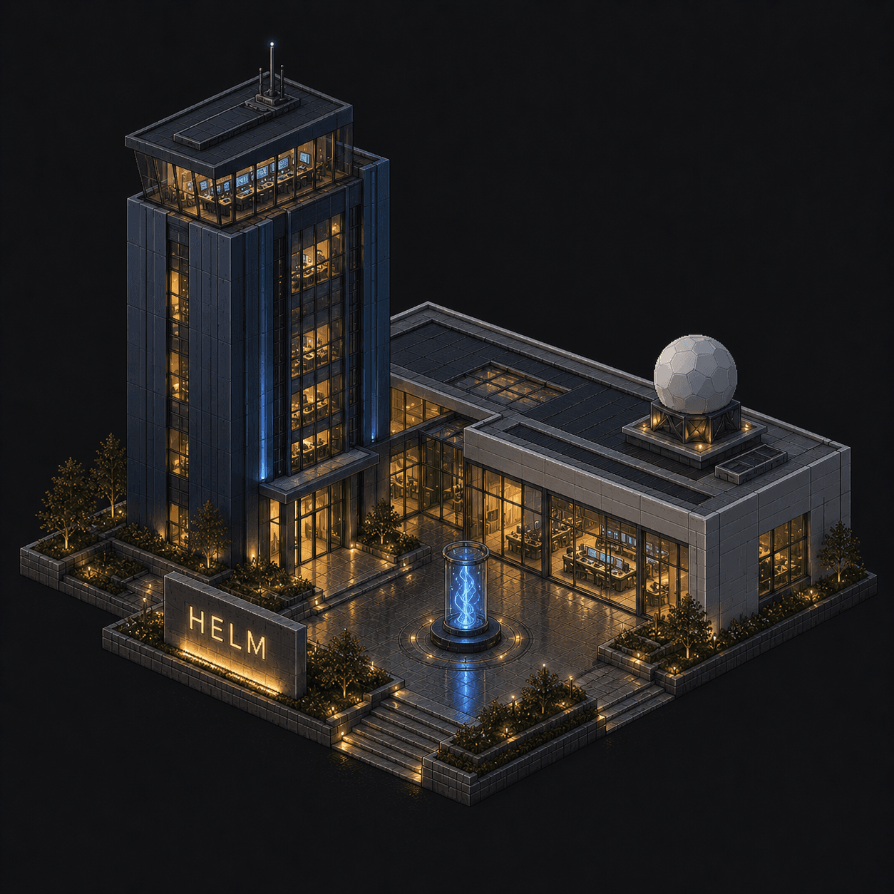 Isometric pixel-art headquarters of Helm