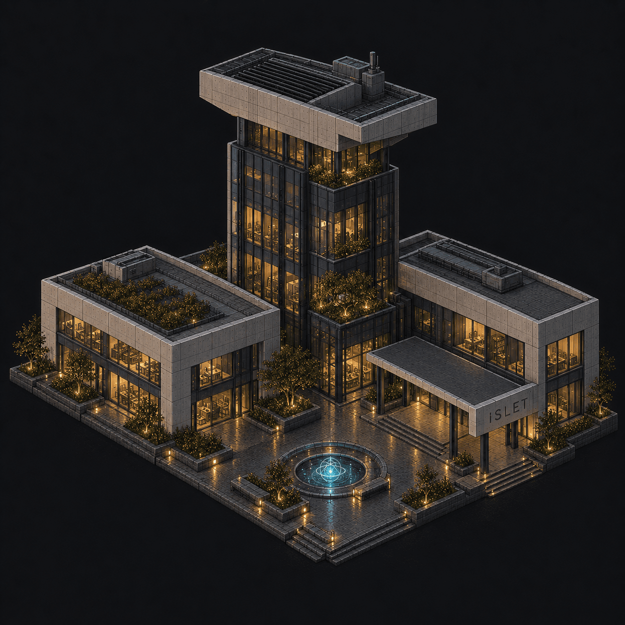 Isometric pixel-art headquarters of Islet