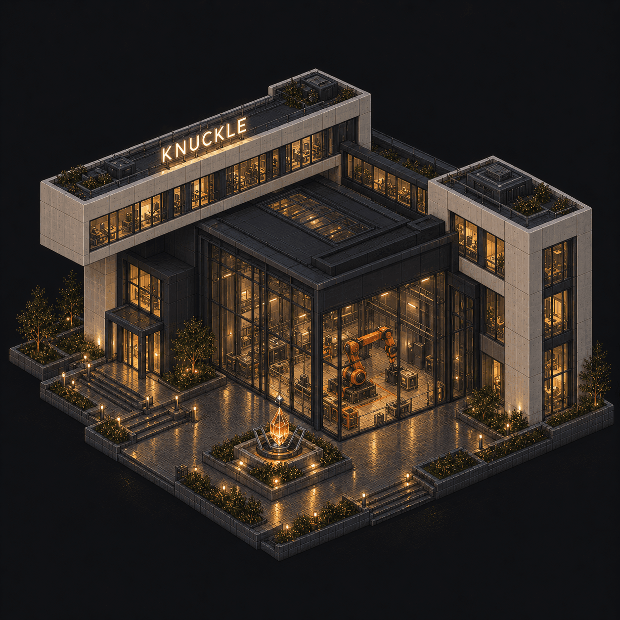 Isometric pixel-art headquarters of Knuckle