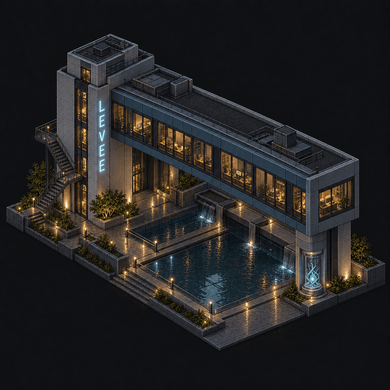 Isometric pixel-art headquarters of Levee