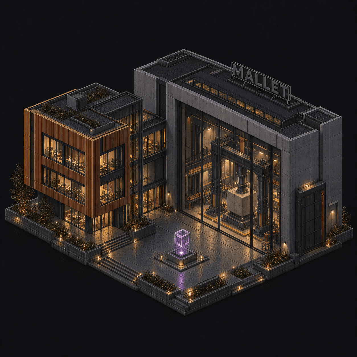 Isometric pixel-art headquarters of Mallet