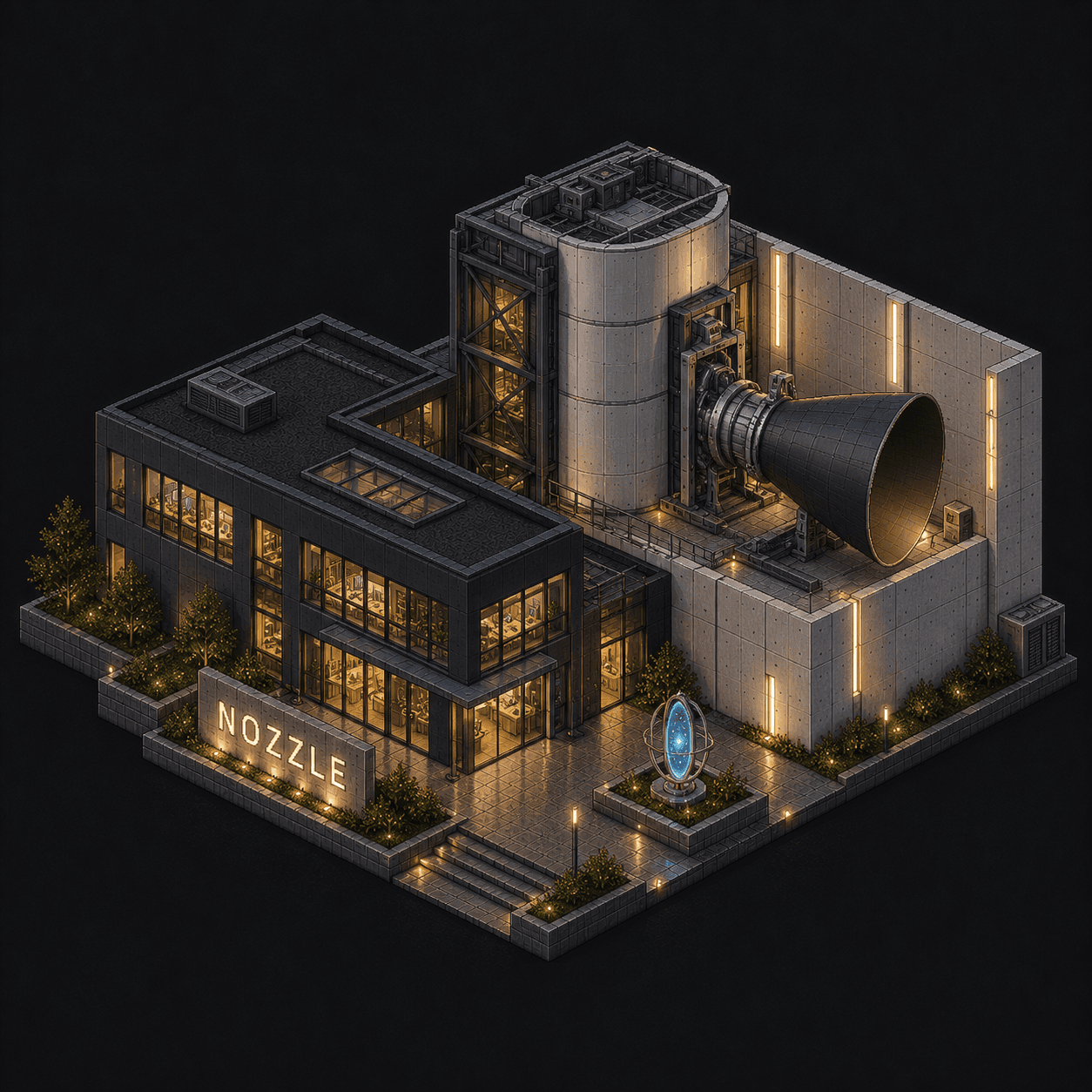 Isometric pixel-art headquarters of Nozzle