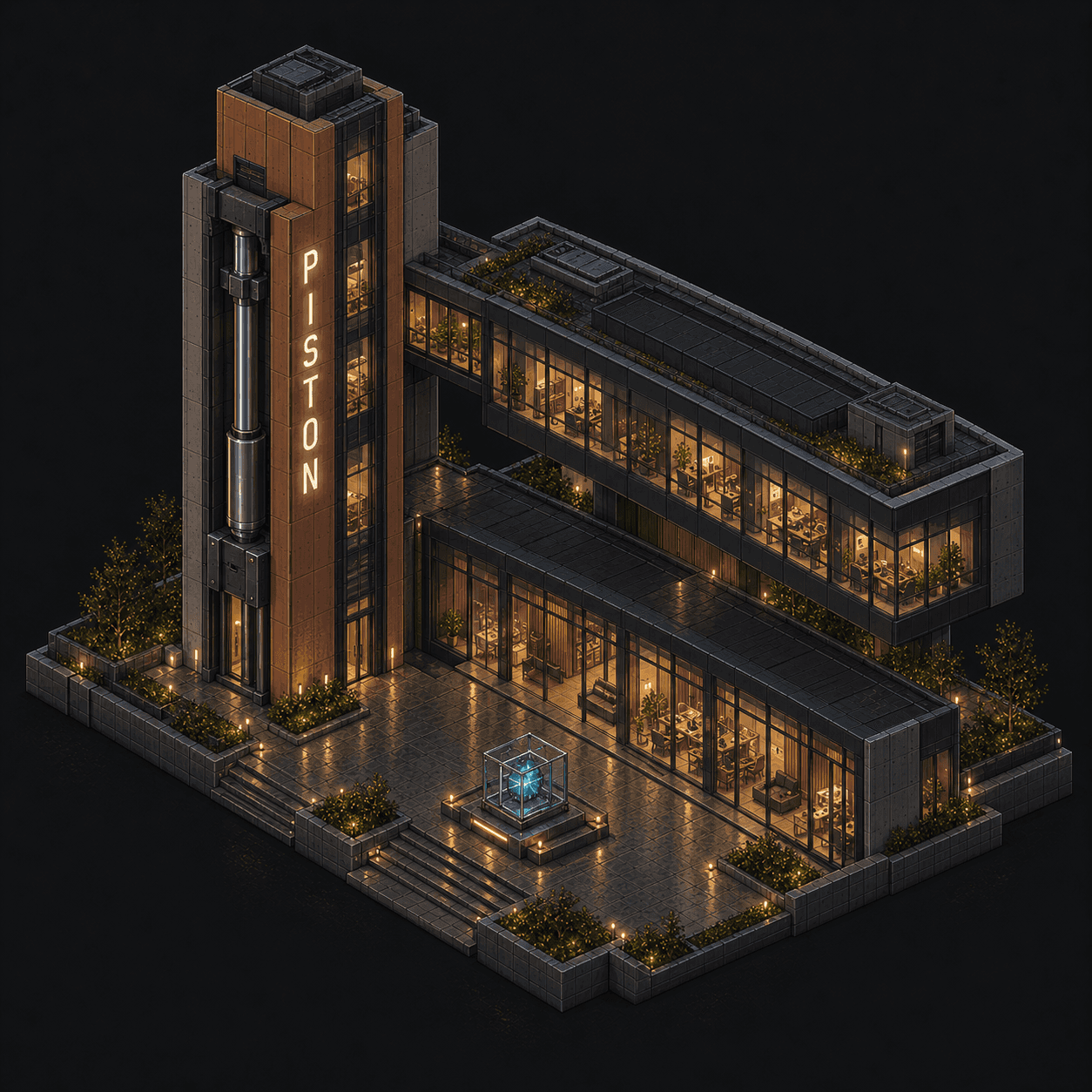 Isometric pixel-art headquarters of Piston