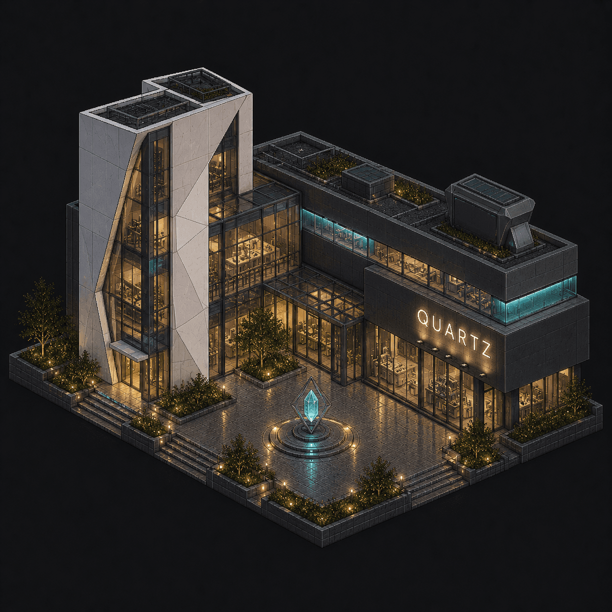 Isometric pixel-art headquarters of Quartz