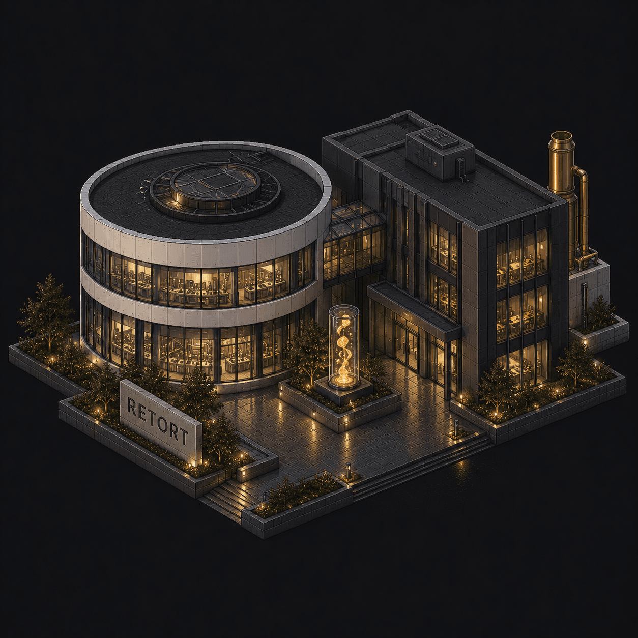 Isometric pixel-art headquarters of Retort