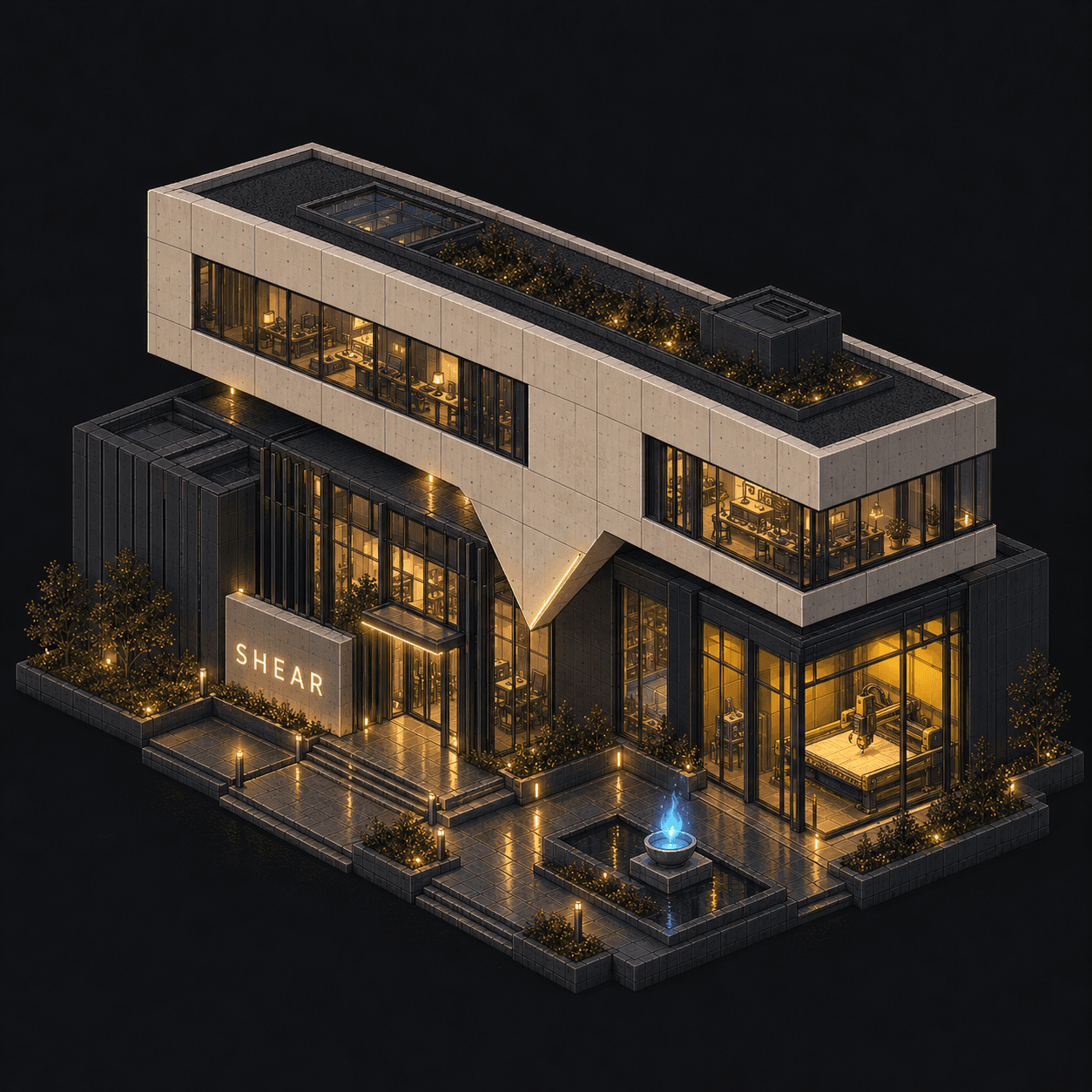 Isometric pixel-art headquarters of Shear