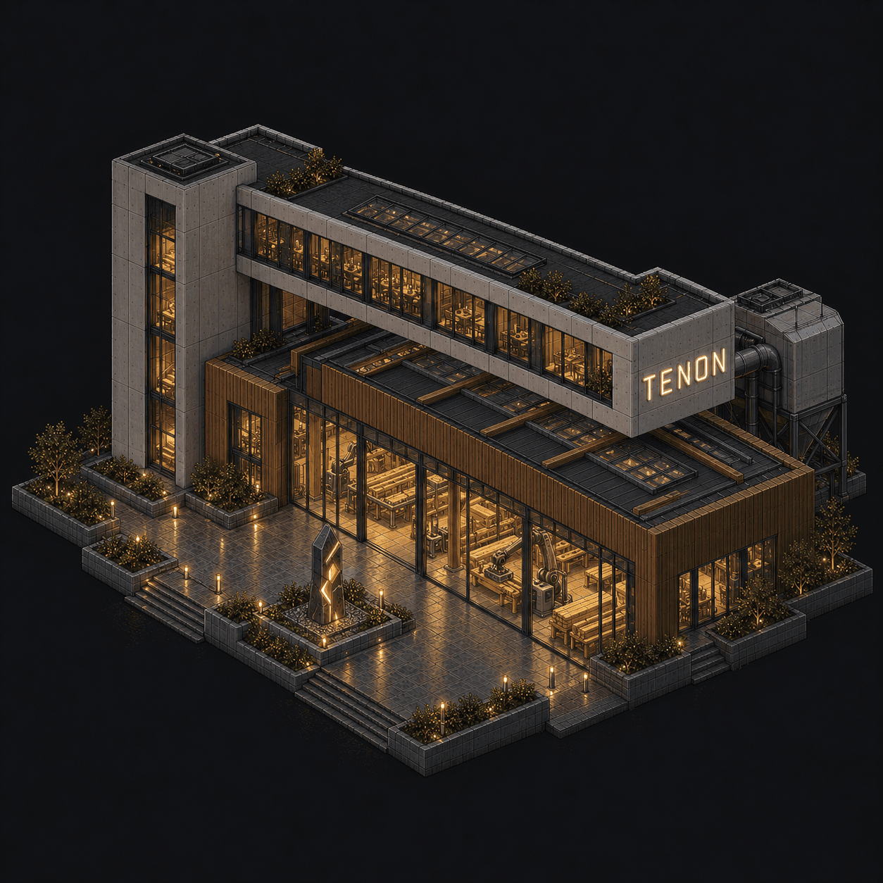 Isometric pixel-art headquarters of Tenon