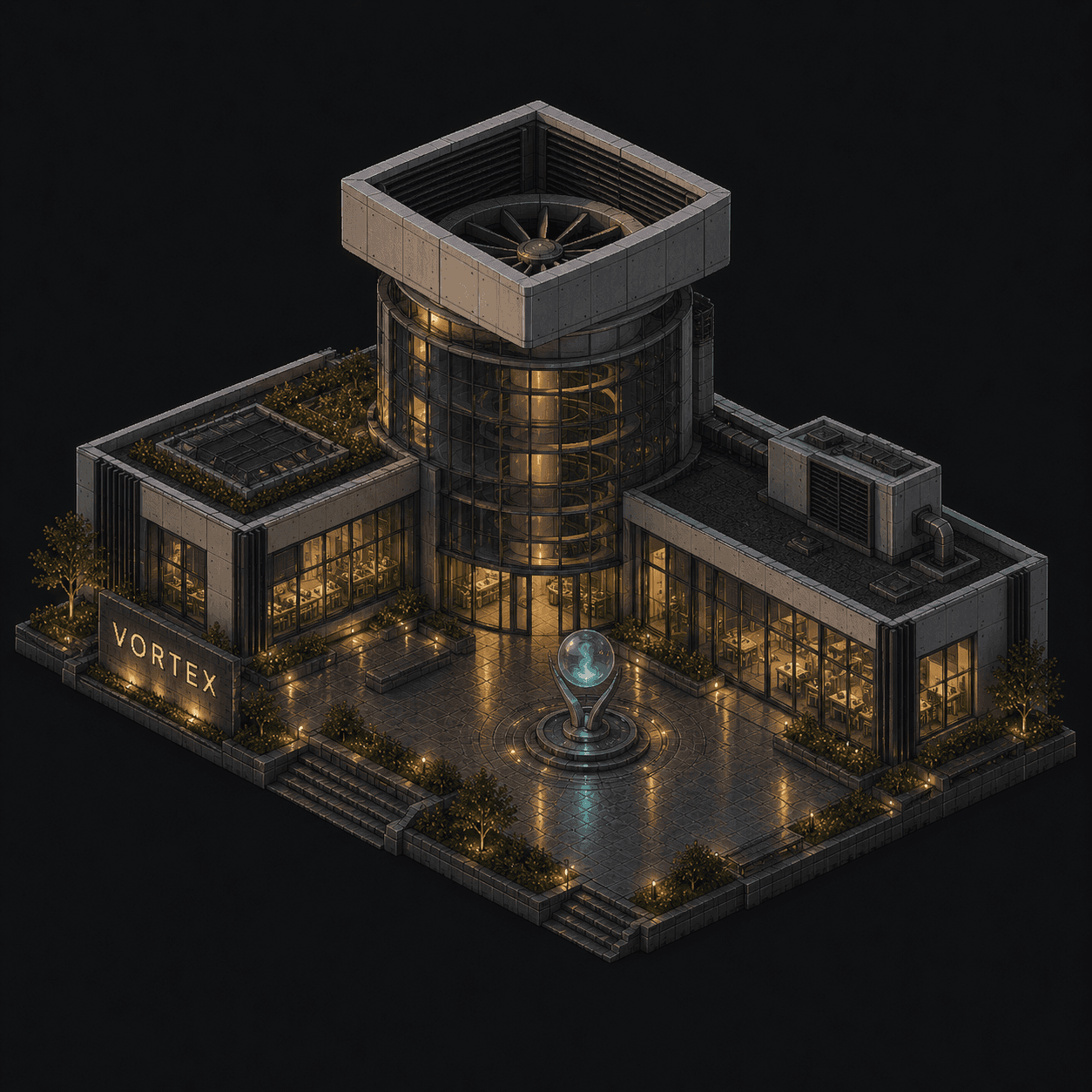 Isometric pixel-art headquarters of Vortex
