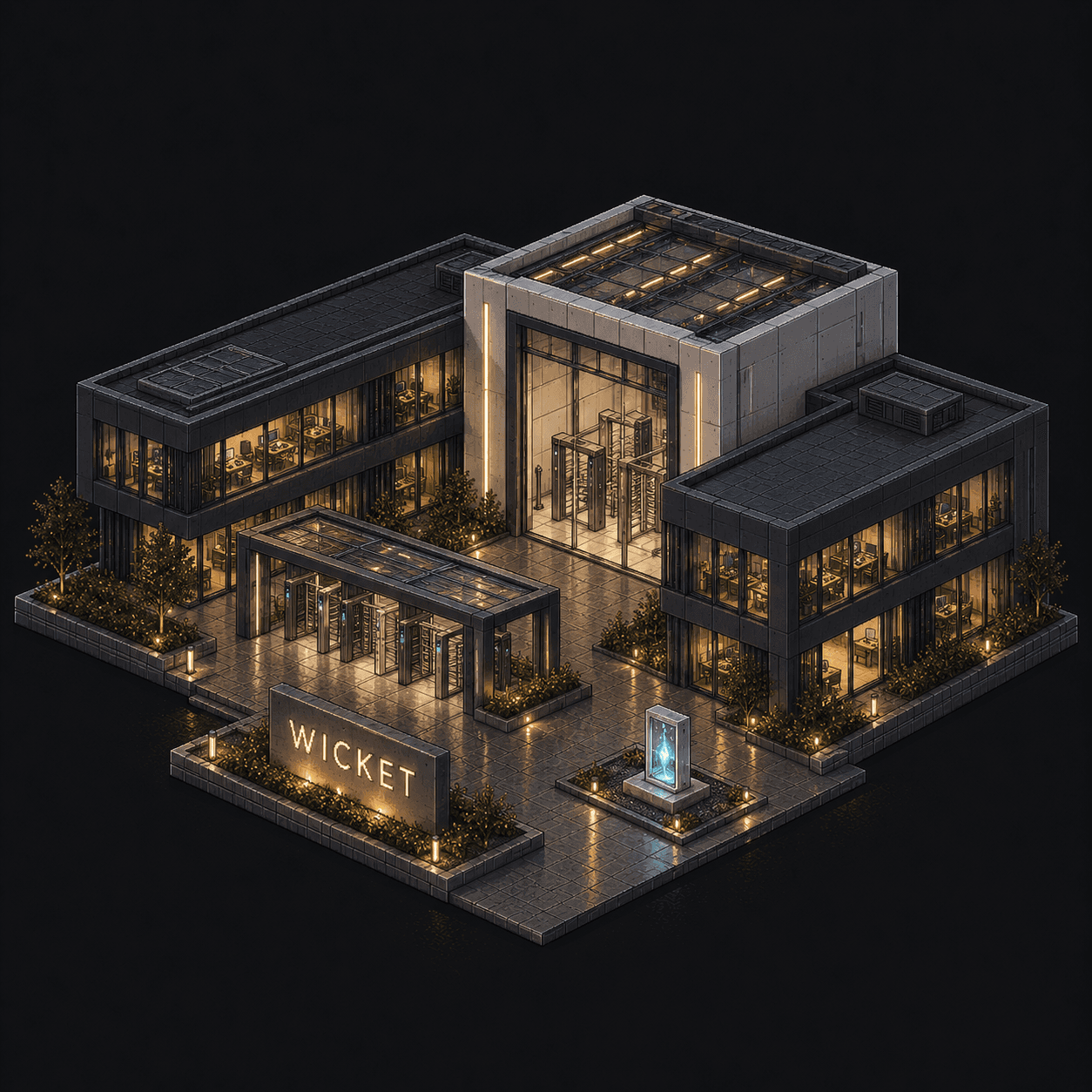 Isometric pixel-art headquarters of Wicket