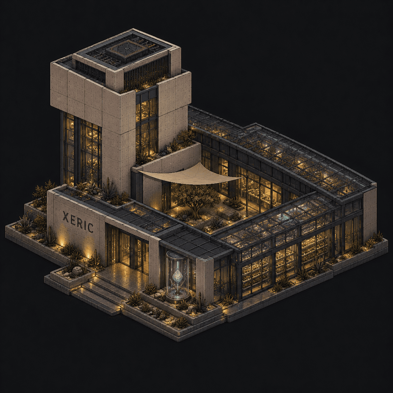 Isometric pixel-art headquarters of Xeric