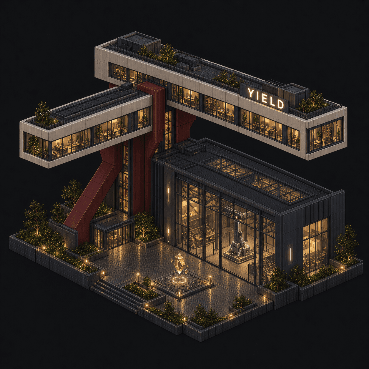 Isometric pixel-art headquarters of Yield