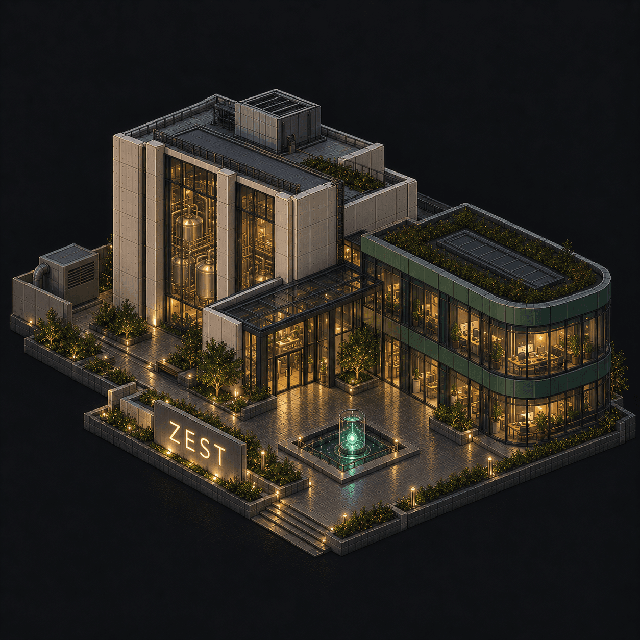 Isometric pixel-art headquarters of Zest