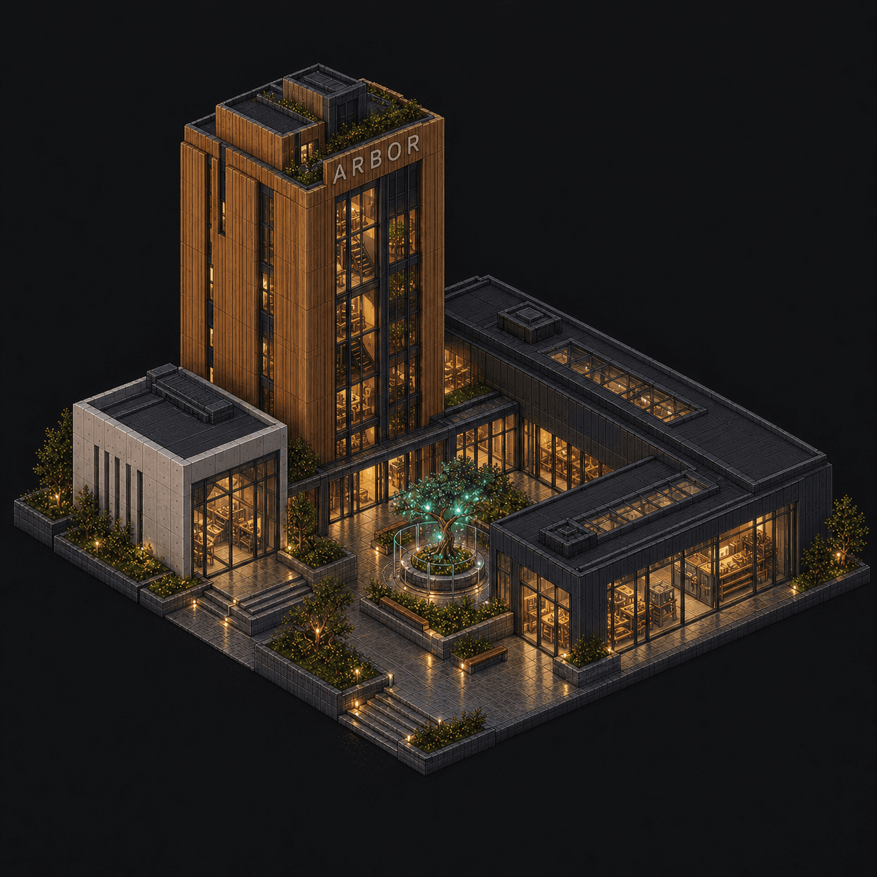 Isometric pixel-art headquarters of Arbor