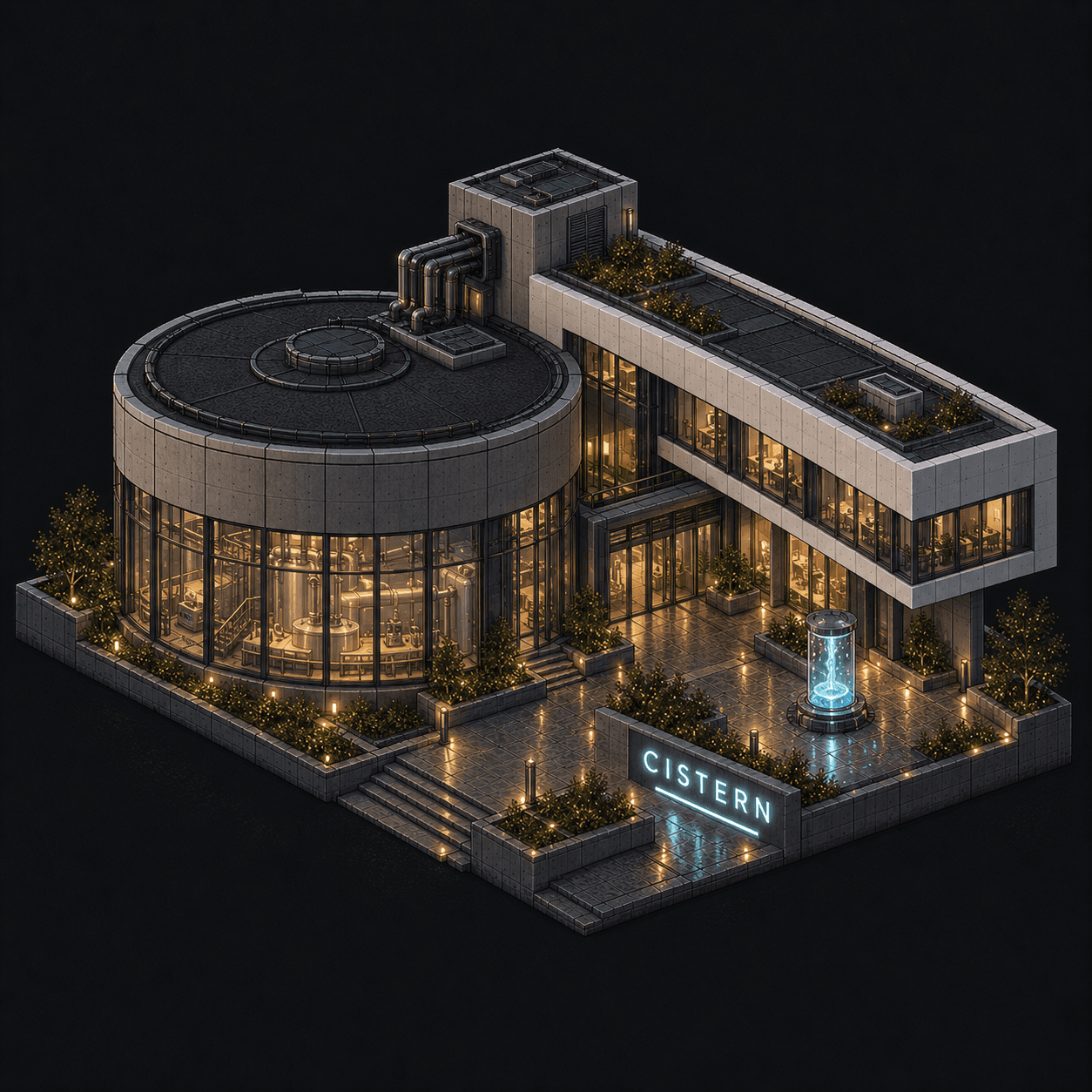 Isometric pixel-art headquarters of Cistern