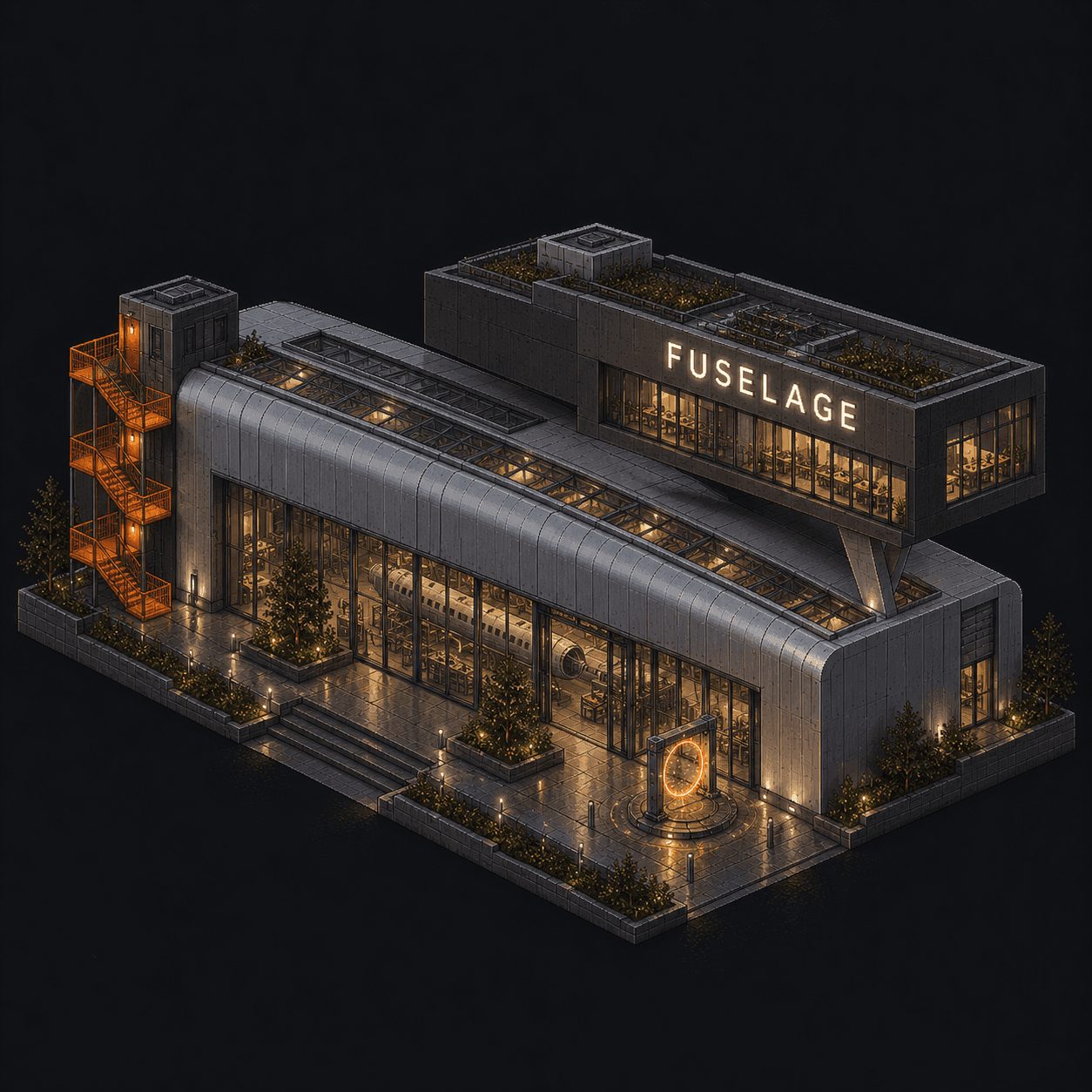 Isometric pixel-art headquarters of Fuselage