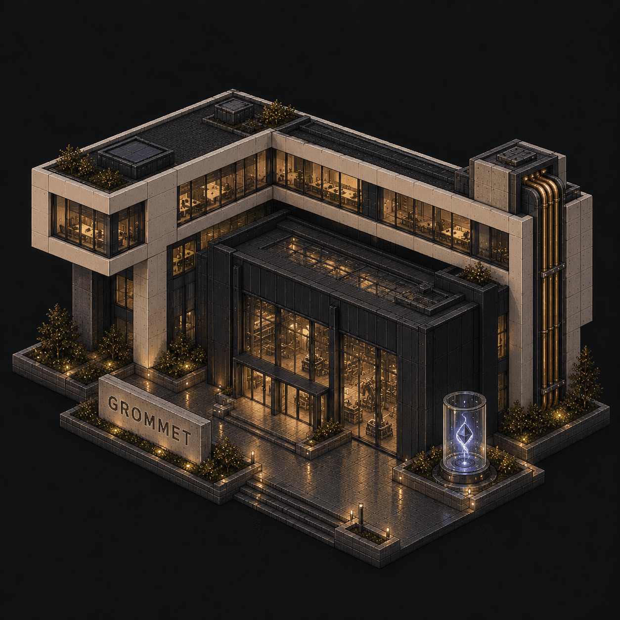 Isometric pixel-art headquarters of Grommet