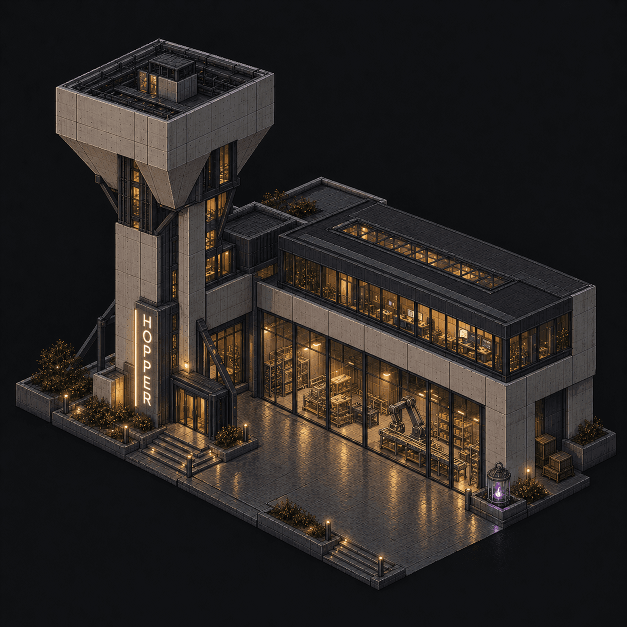 Isometric pixel-art headquarters of Hopper