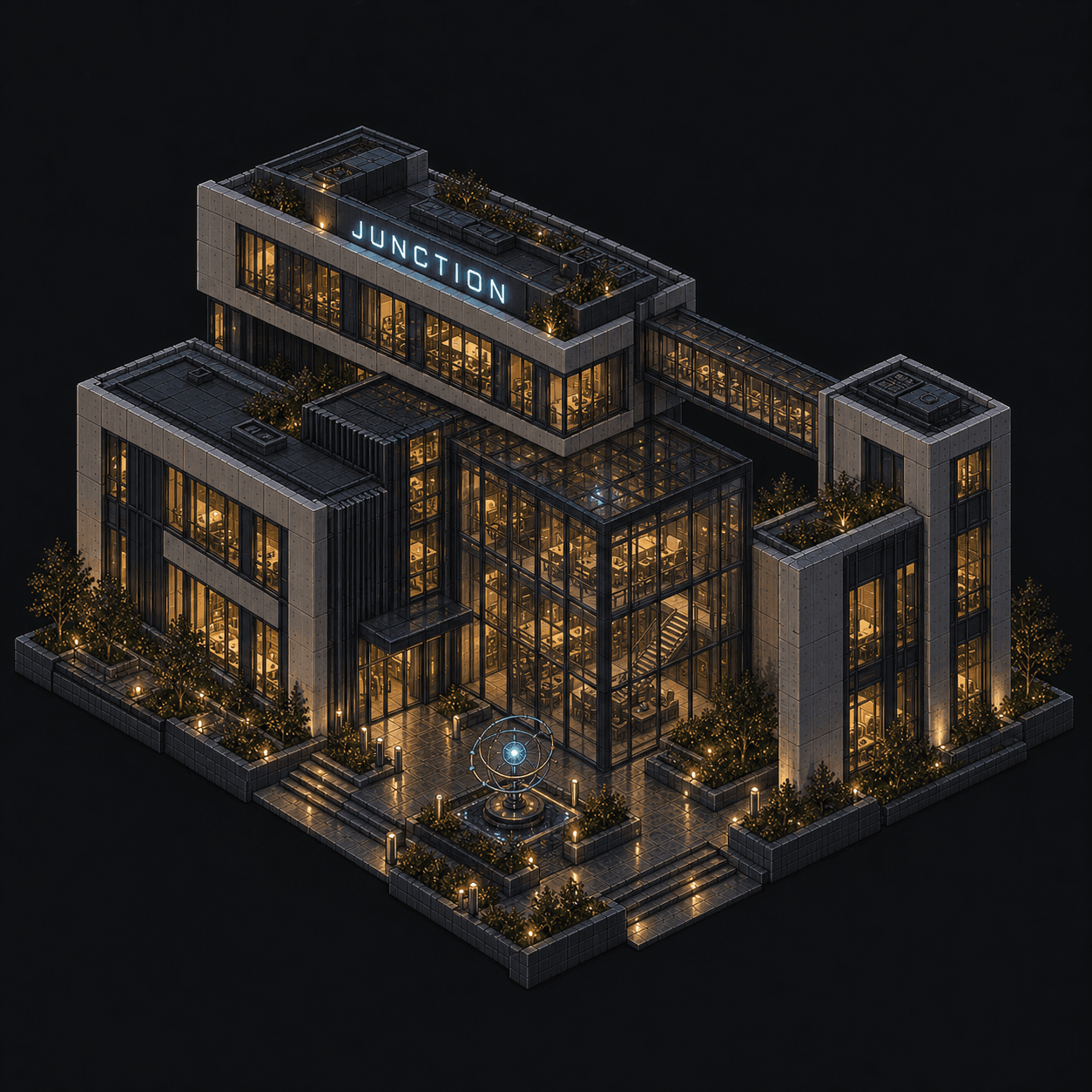 Isometric pixel-art headquarters of Junction