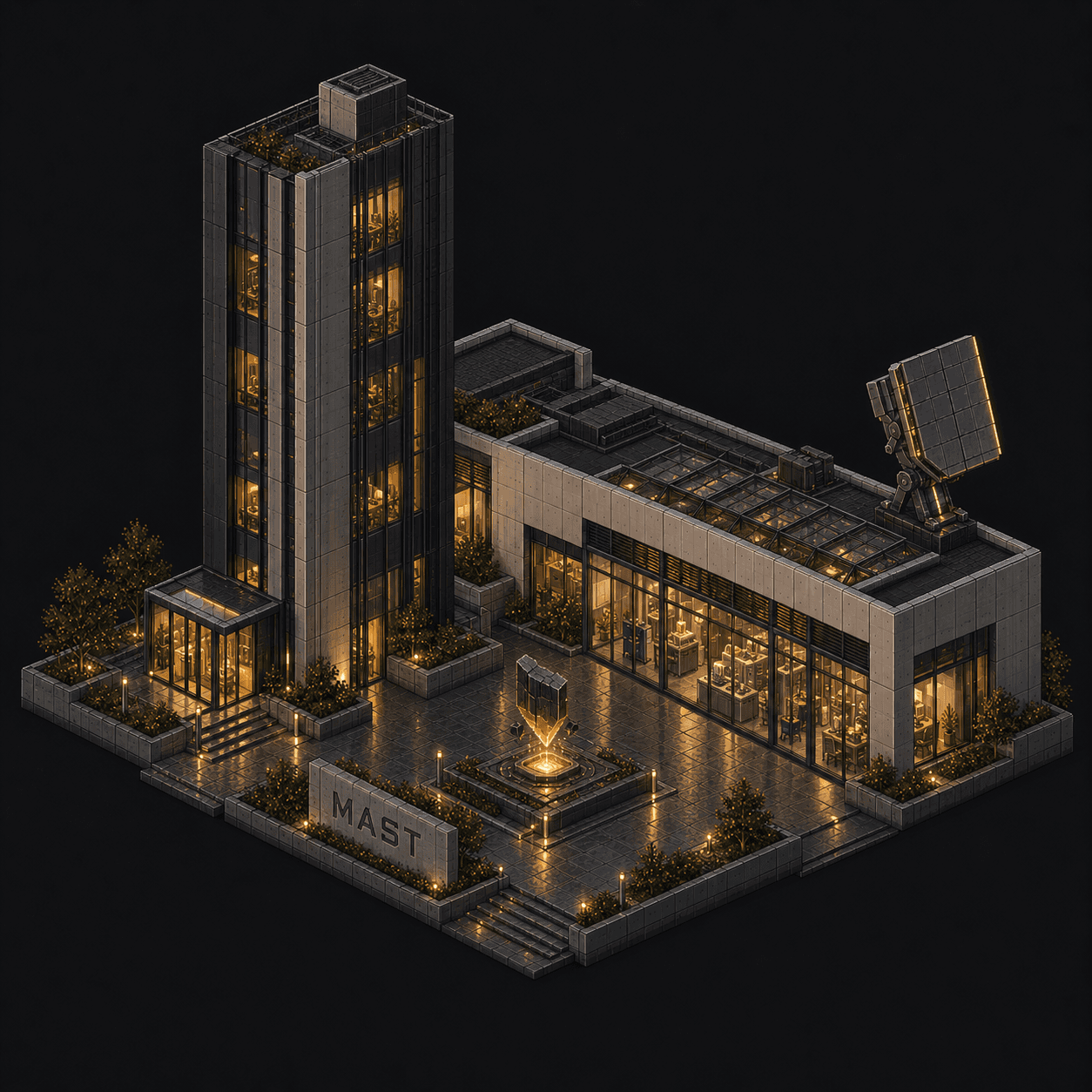 Isometric pixel-art headquarters of Mast