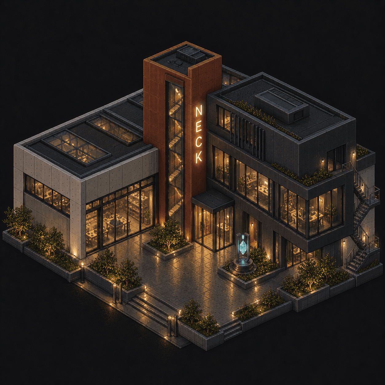 Isometric pixel-art headquarters of Neck