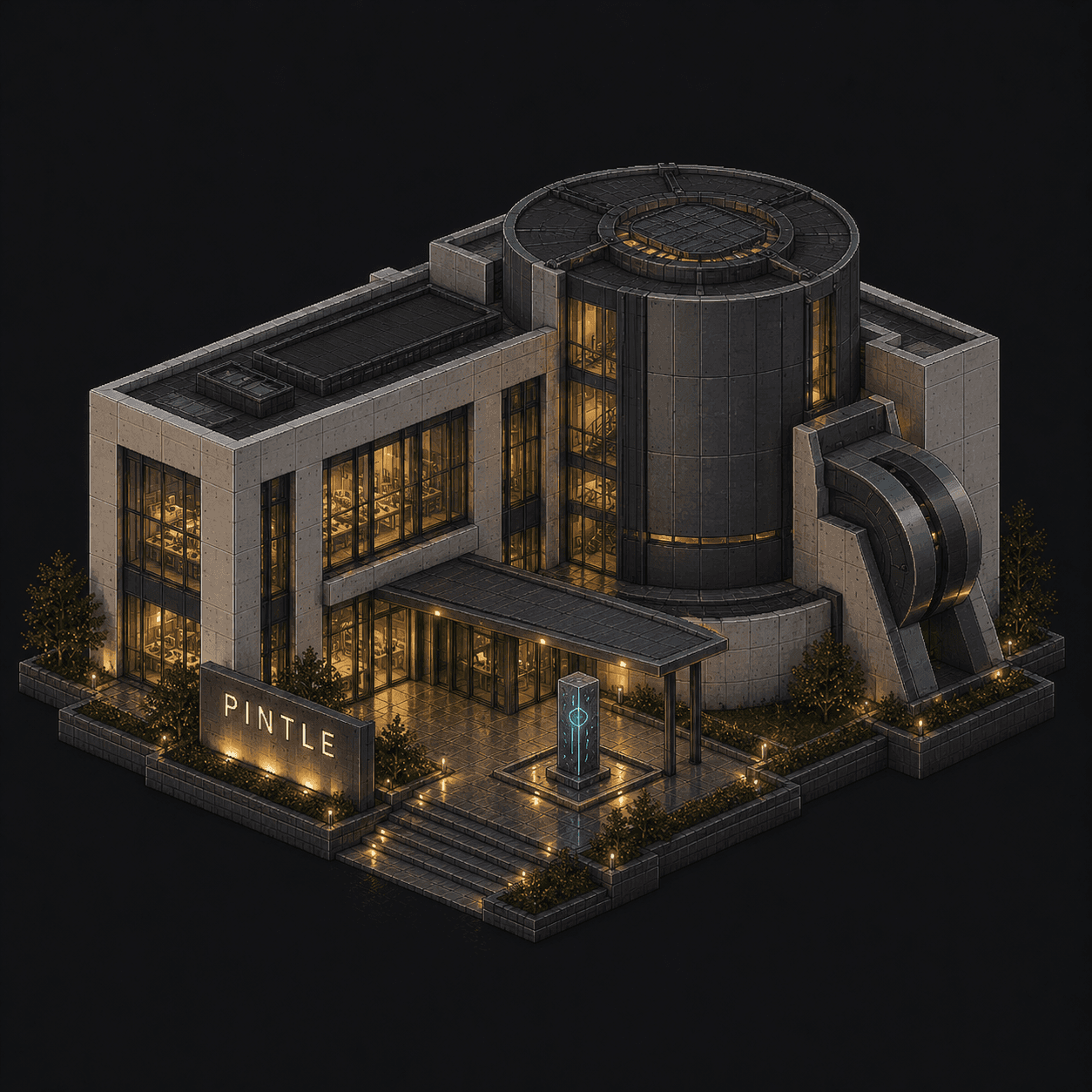 Isometric pixel-art headquarters of Pintle