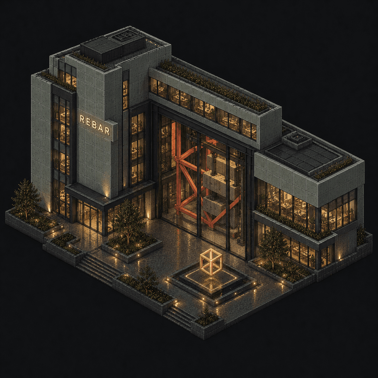 Isometric pixel-art headquarters of Rebar
