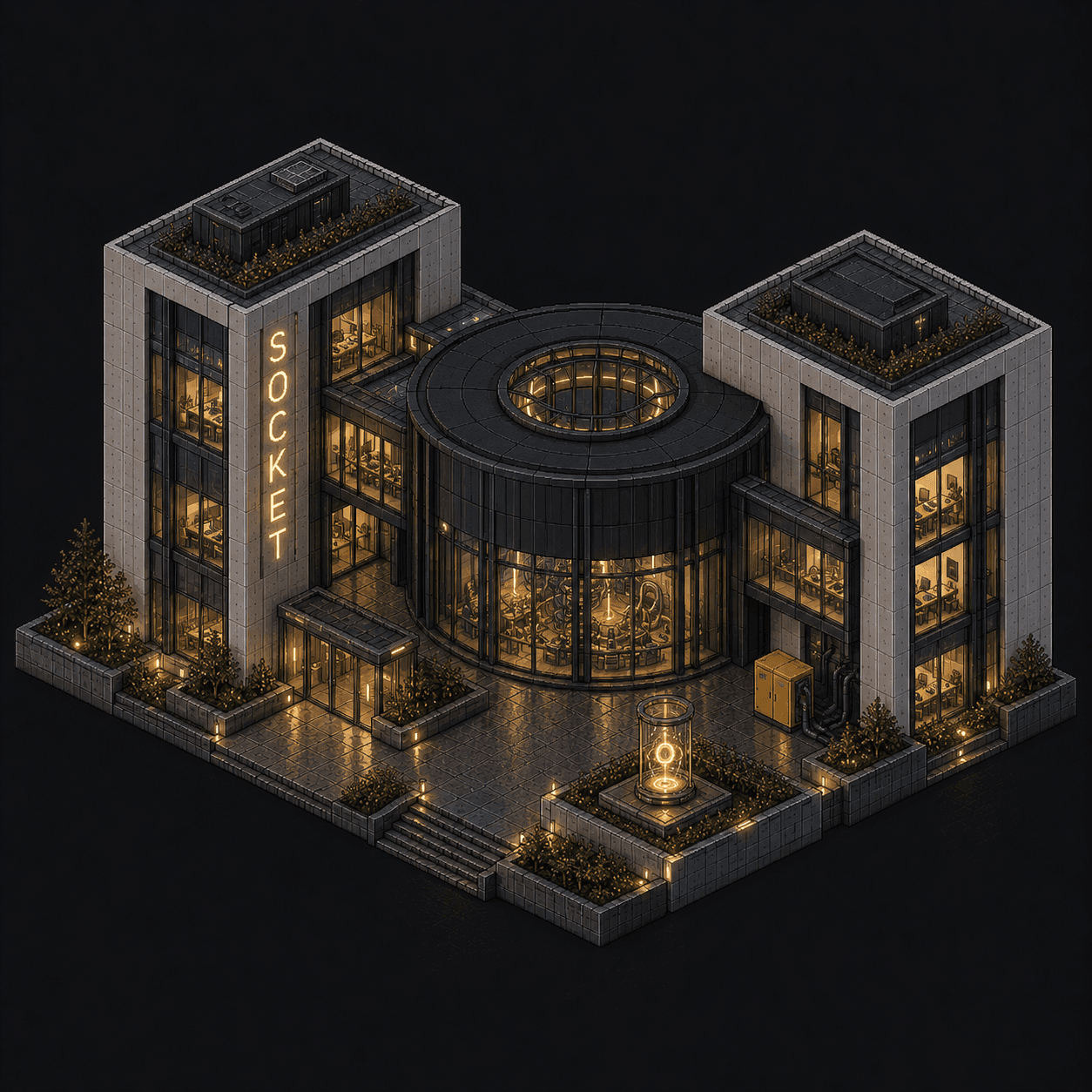 Isometric pixel-art headquarters of Socket