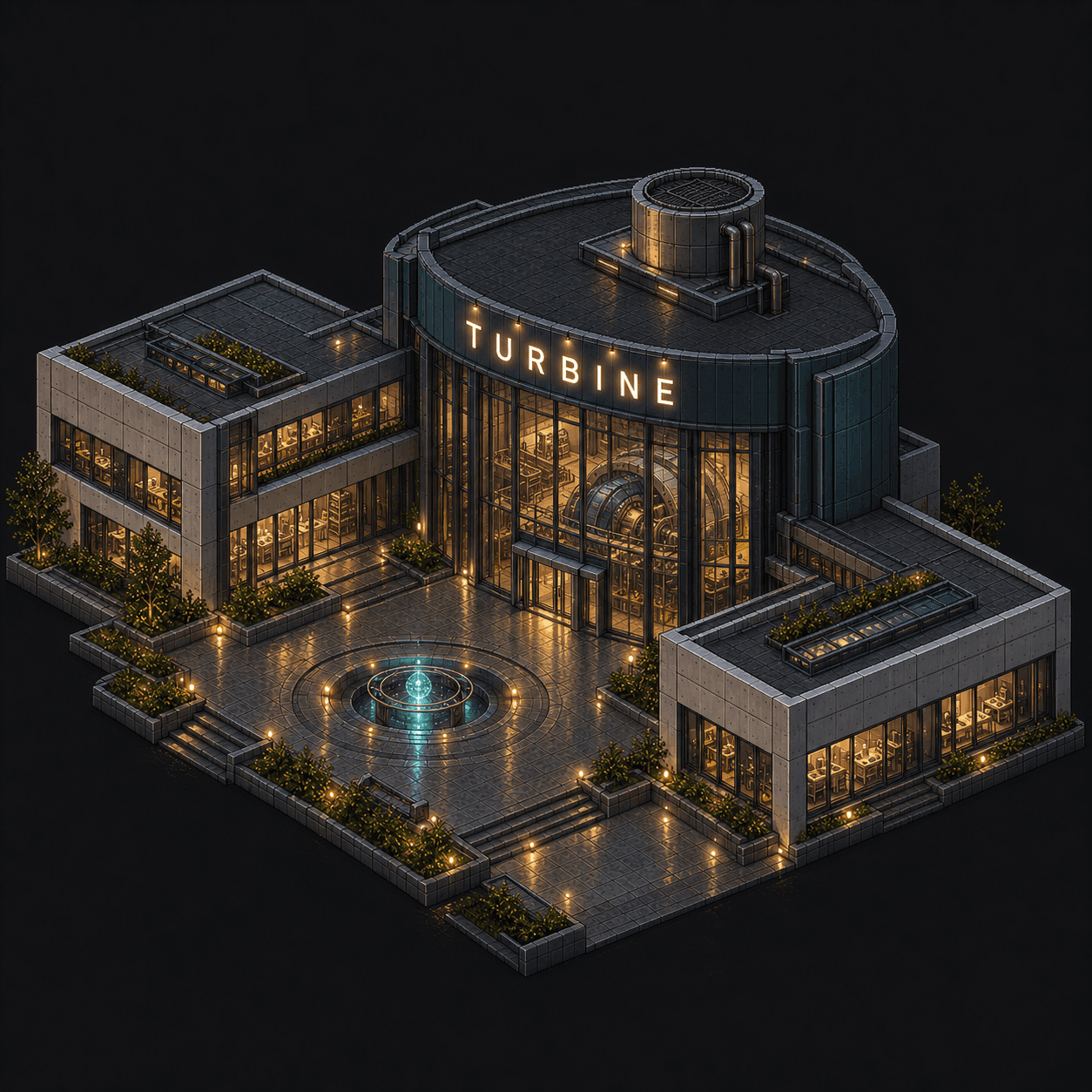 Isometric pixel-art headquarters of Turbine