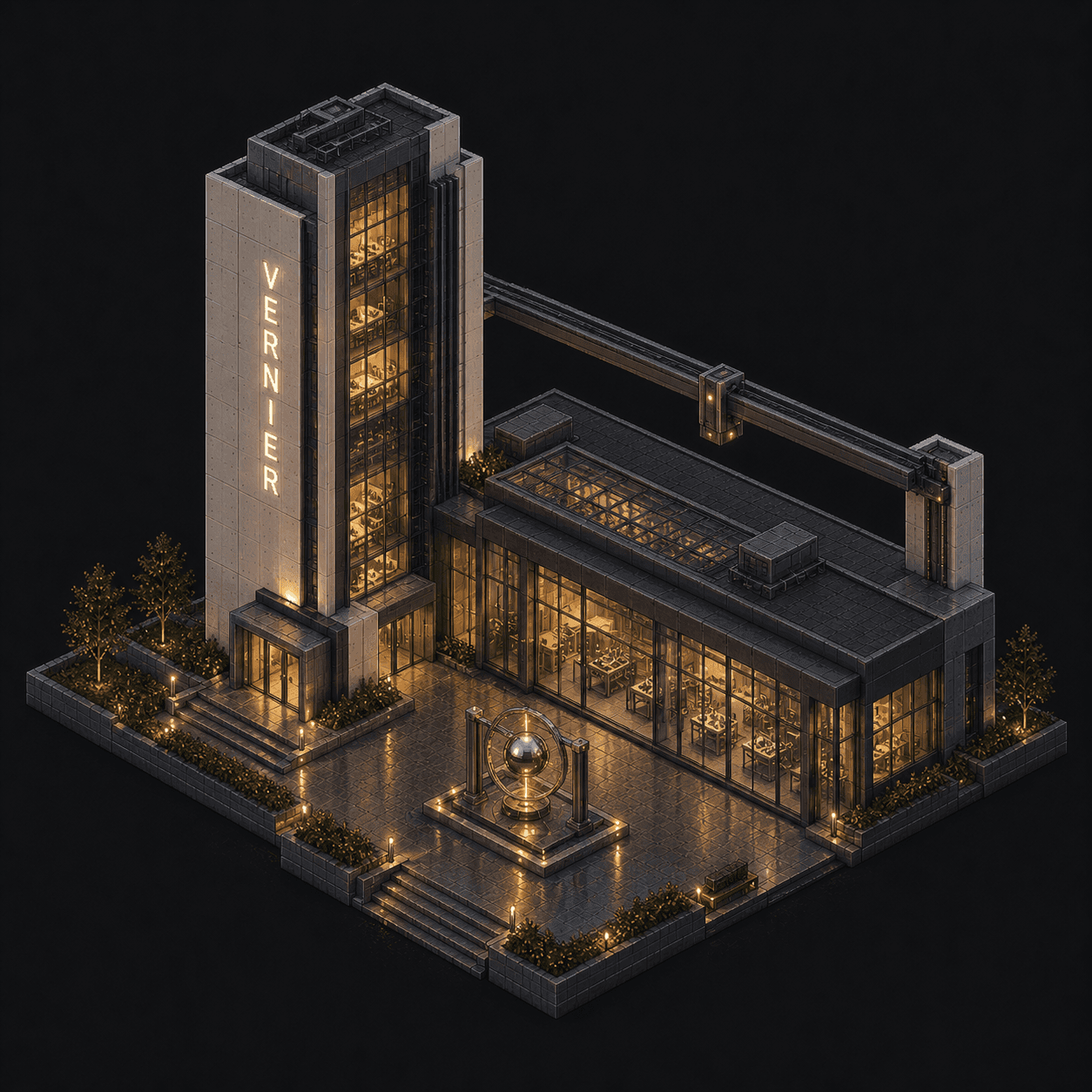 Isometric pixel-art headquarters of Vernier