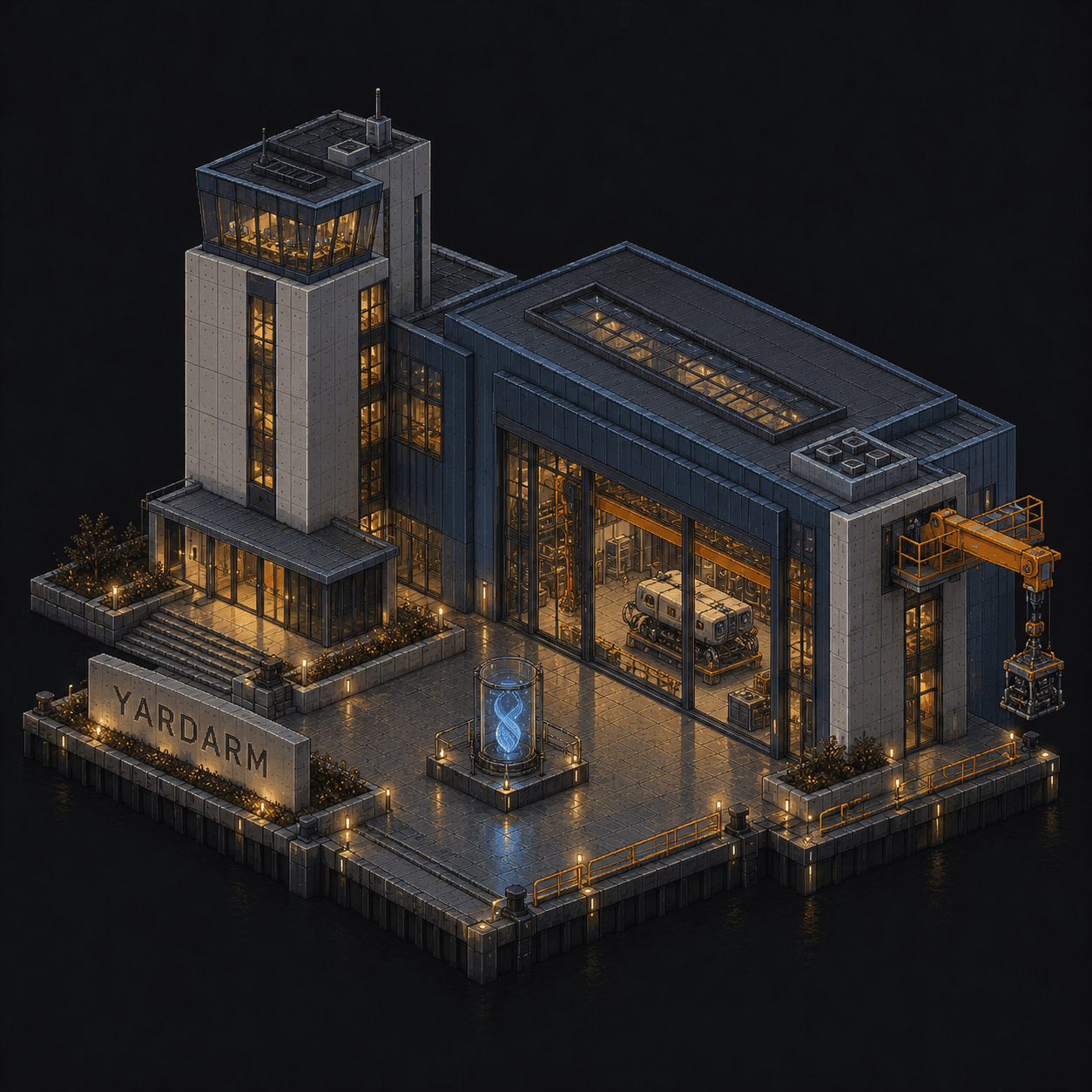 Isometric pixel-art headquarters of Yardarm
