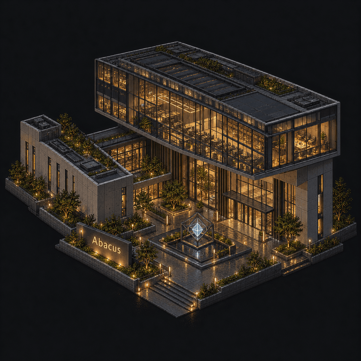 Isometric pixel-art headquarters of Abacus