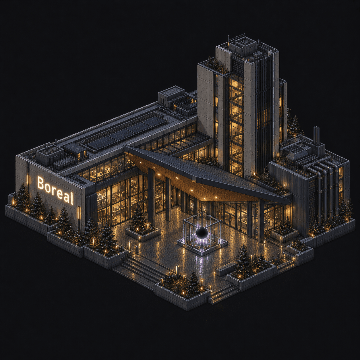 Isometric pixel-art headquarters of Boreal