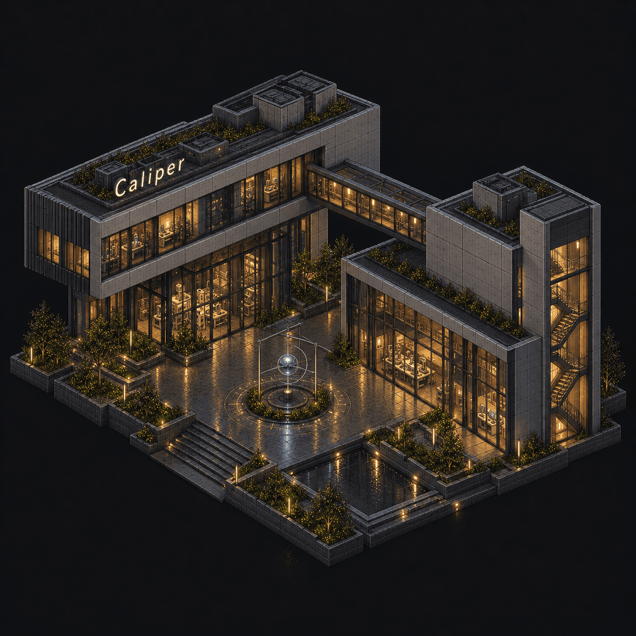 Isometric pixel-art headquarters of Caliper