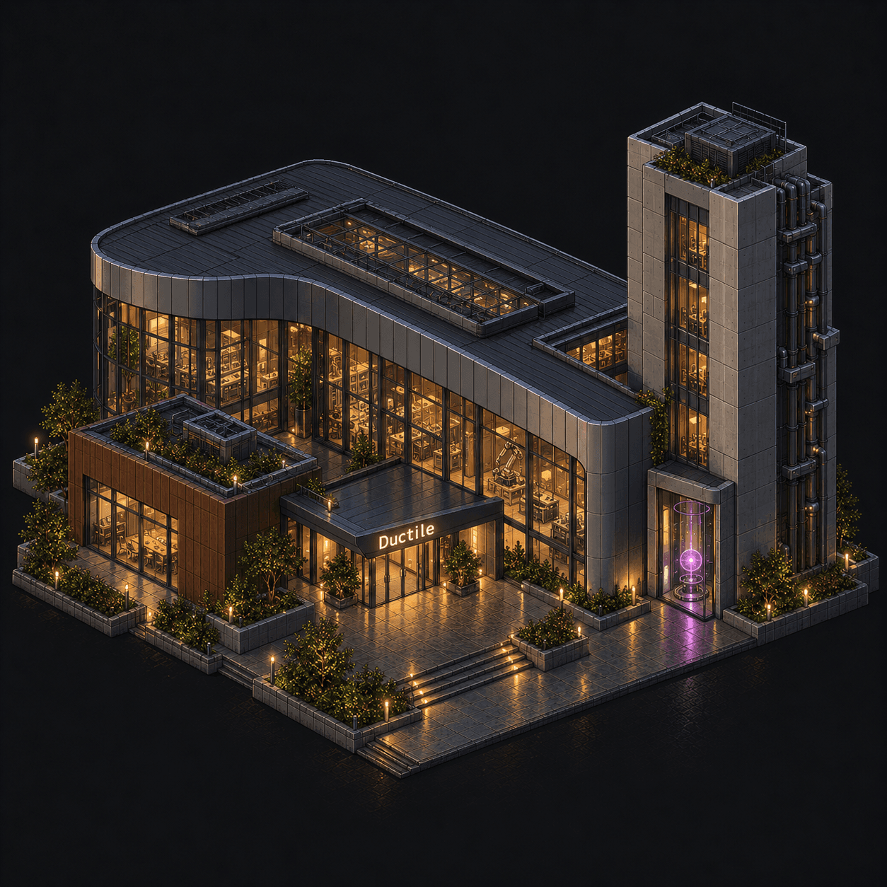 Isometric pixel-art headquarters of Ductile