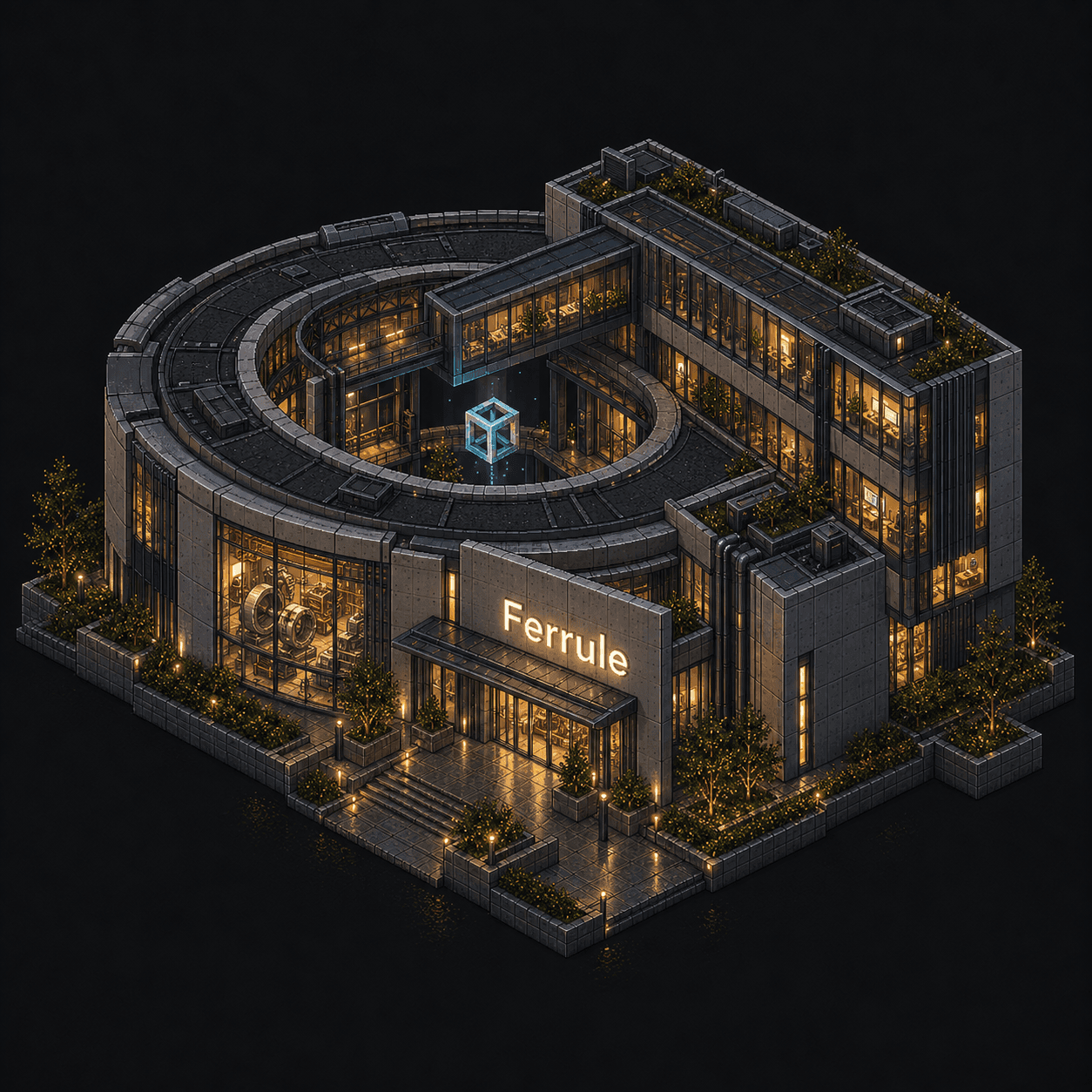 Isometric pixel-art headquarters of Ferrule