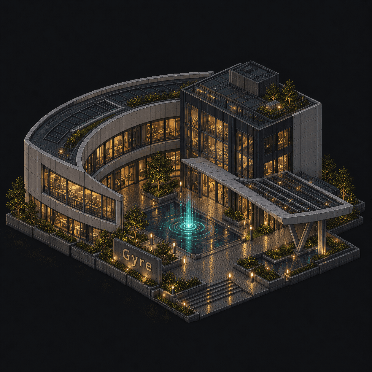 Isometric pixel-art headquarters of Gyre