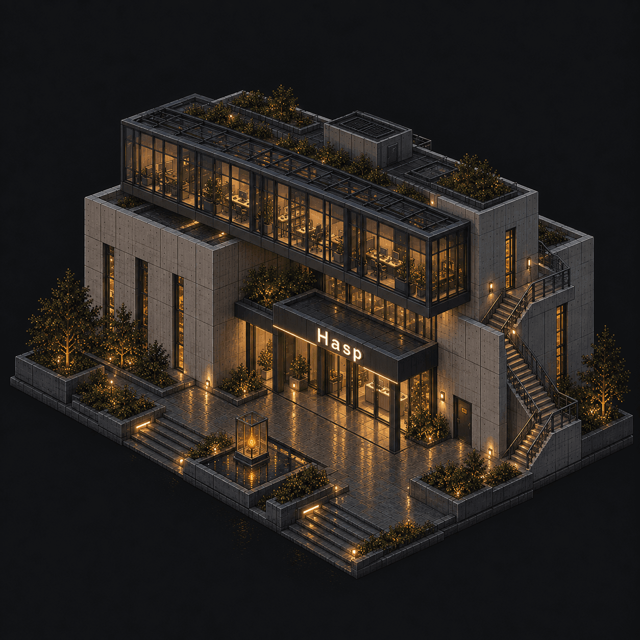 Isometric pixel-art headquarters of Hasp