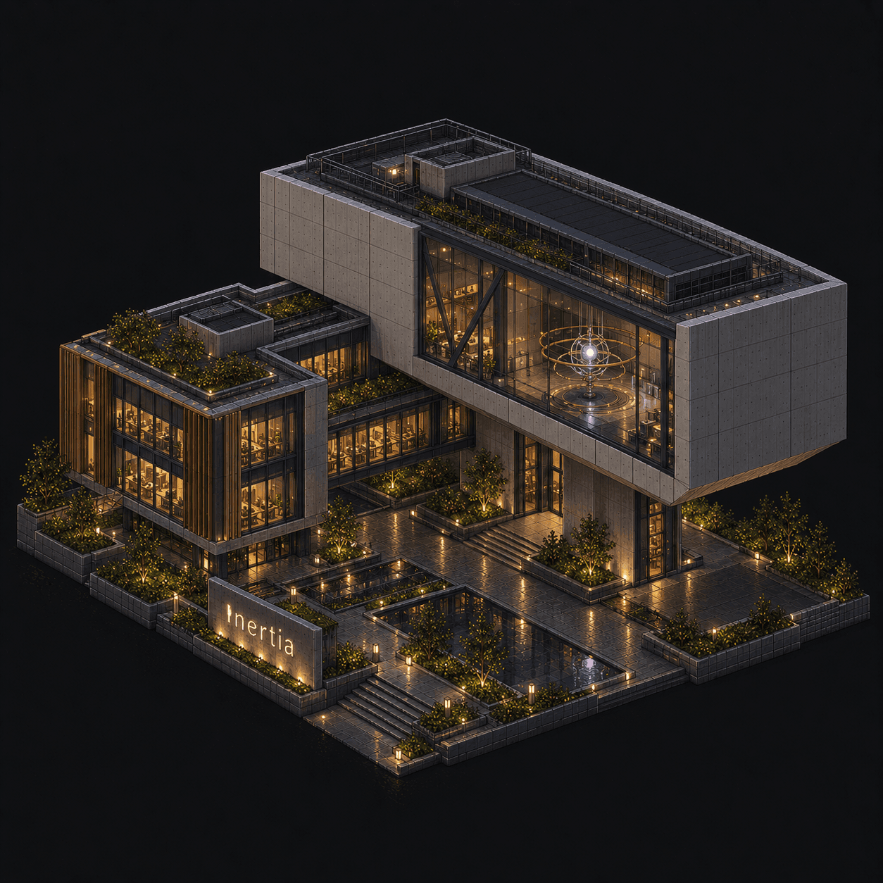 Isometric pixel-art headquarters of Inertia