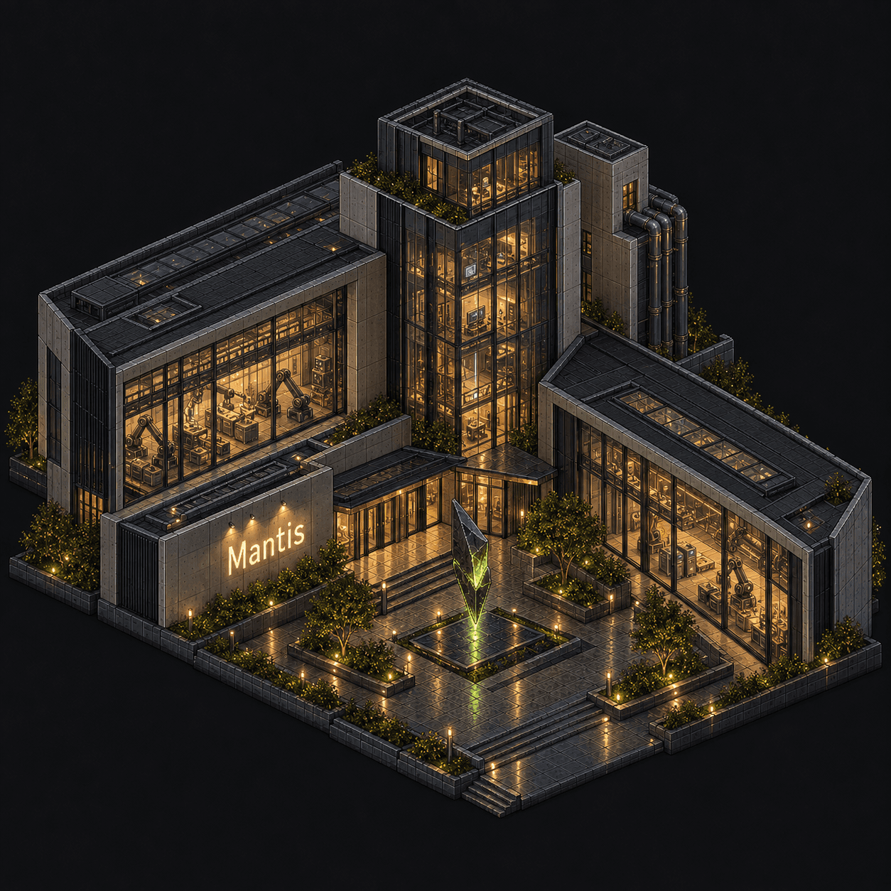 Isometric pixel-art headquarters of Mantis
