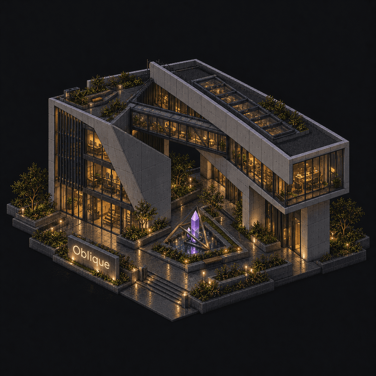 Isometric pixel-art headquarters of Oblique