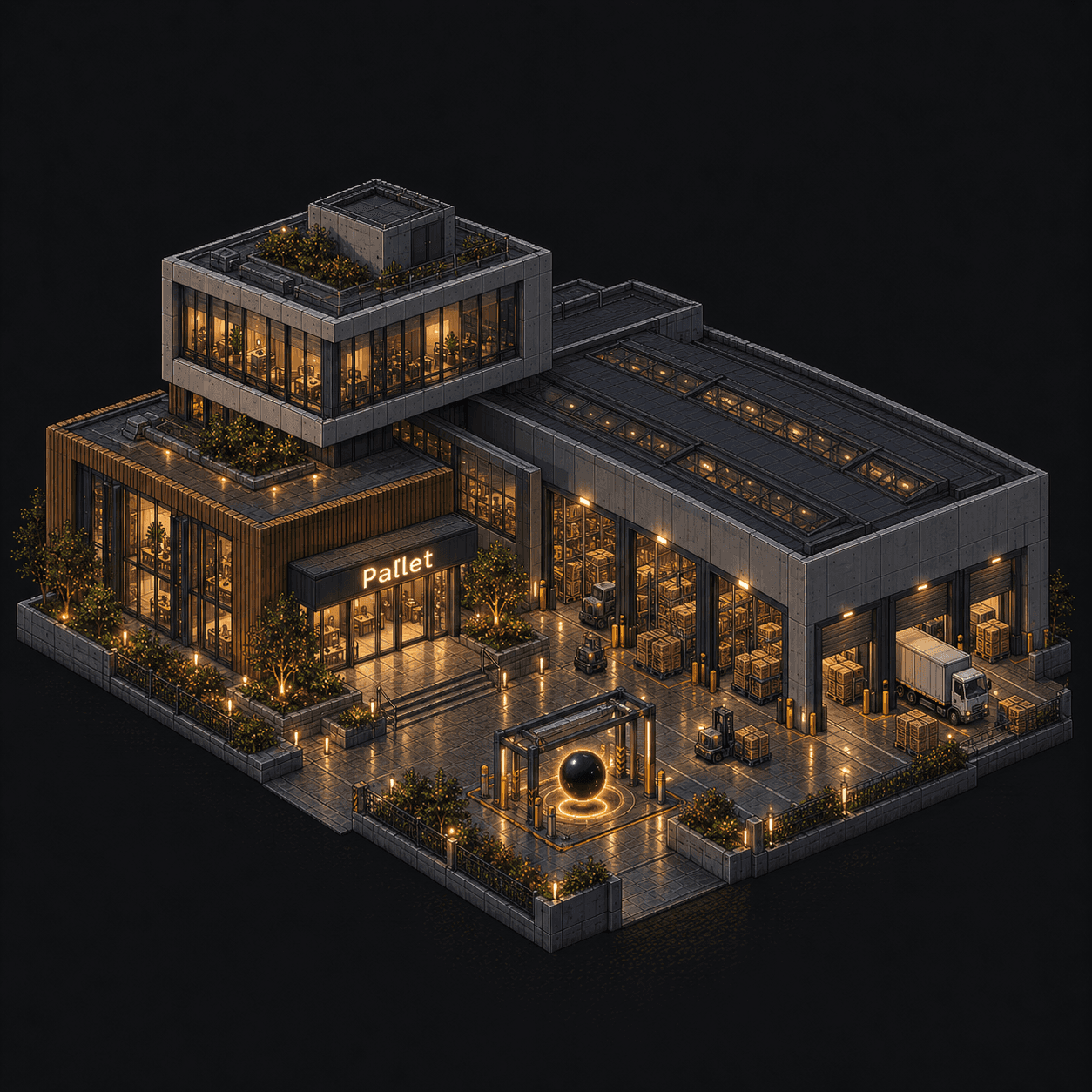 Isometric pixel-art headquarters of Pallet