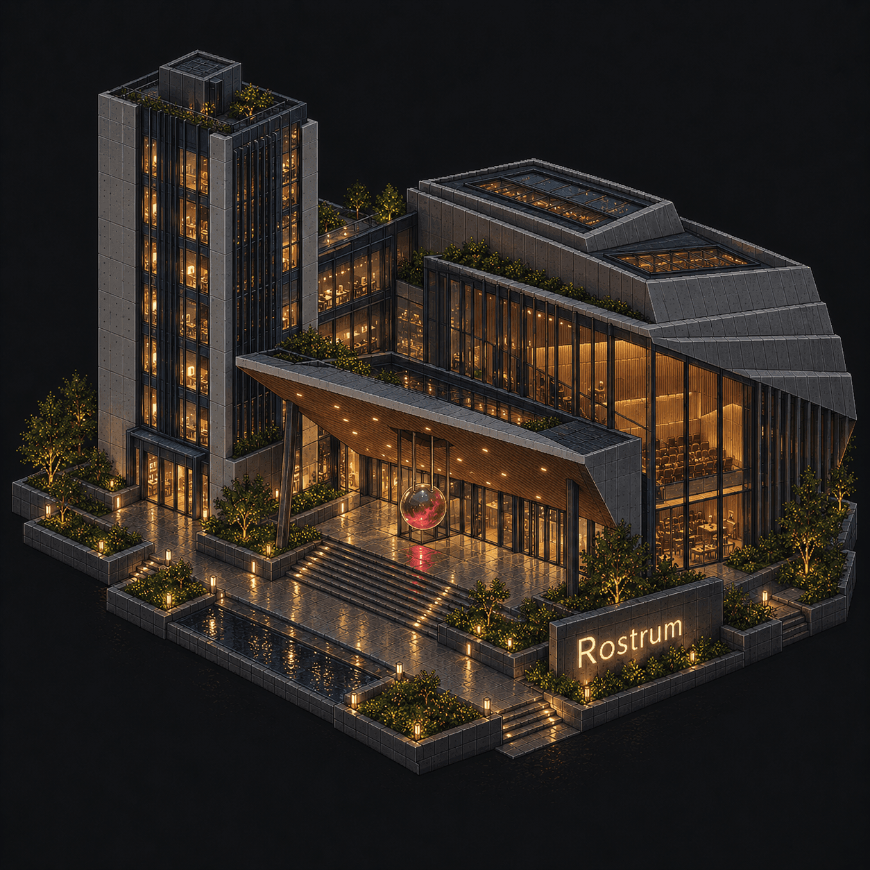 Isometric pixel-art headquarters of Rostrum