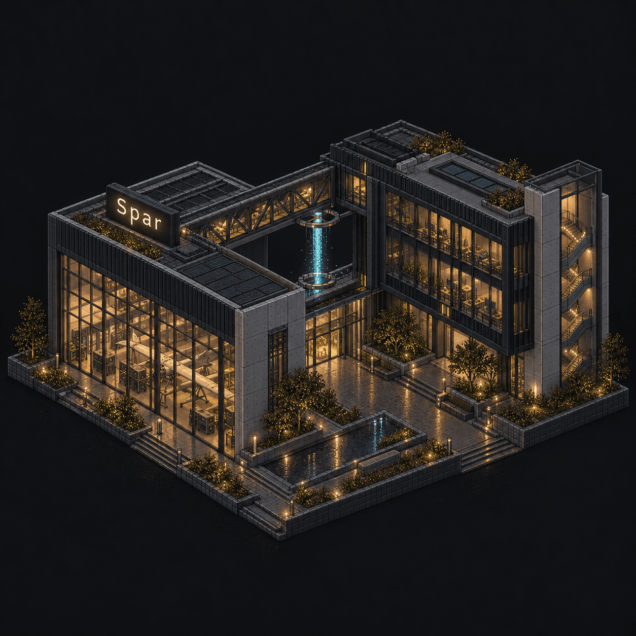 Isometric pixel-art headquarters of Spar