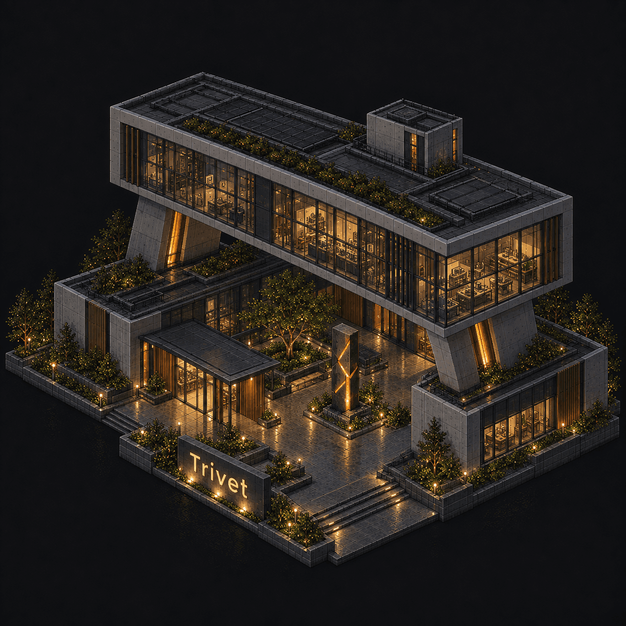 Isometric pixel-art headquarters of Trivet