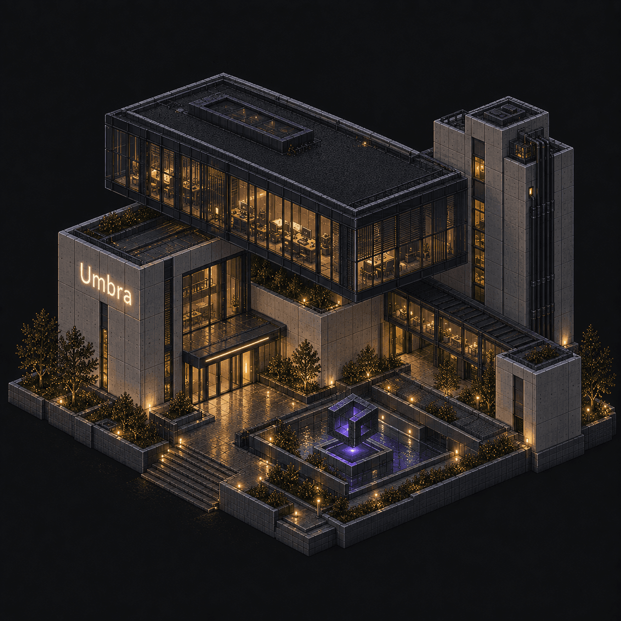 Isometric pixel-art headquarters of Umbra